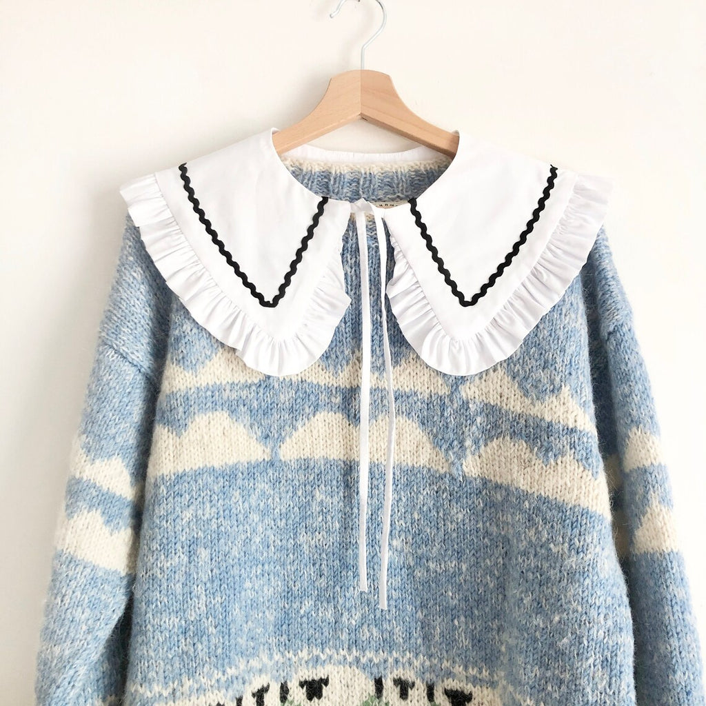 White Cotton Frill Collar with Ric Rac: Detachable Layering Collar