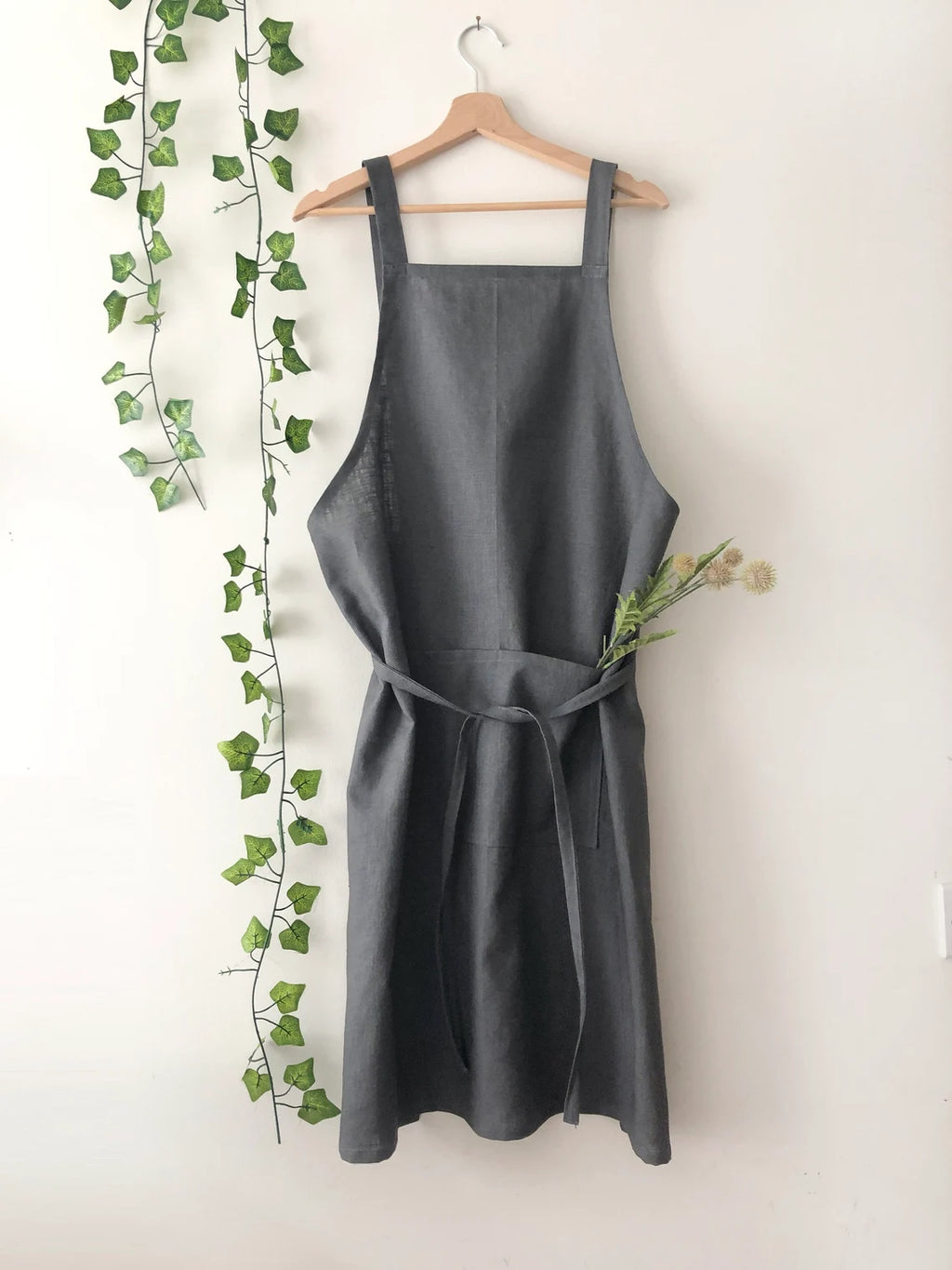 Charcoal Linen Pinafore Apron: Japanese Style Apron