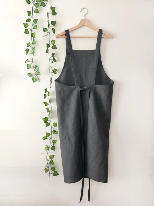Charcoal Linen Pinafore Apron: Japanese Style Apron
