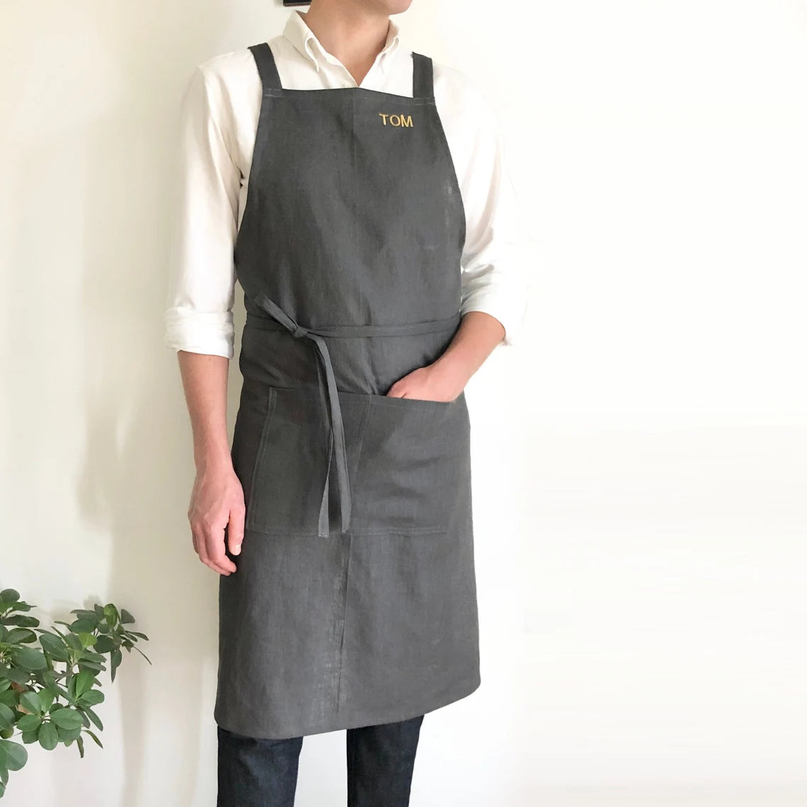 Charcoal Linen Pinafore Apron: Japanese Style Apron
