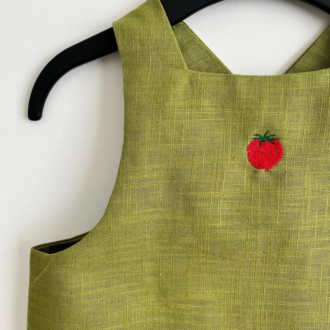 Moss Green Linen Pinafore Apron, Kids Japanese Style Apron