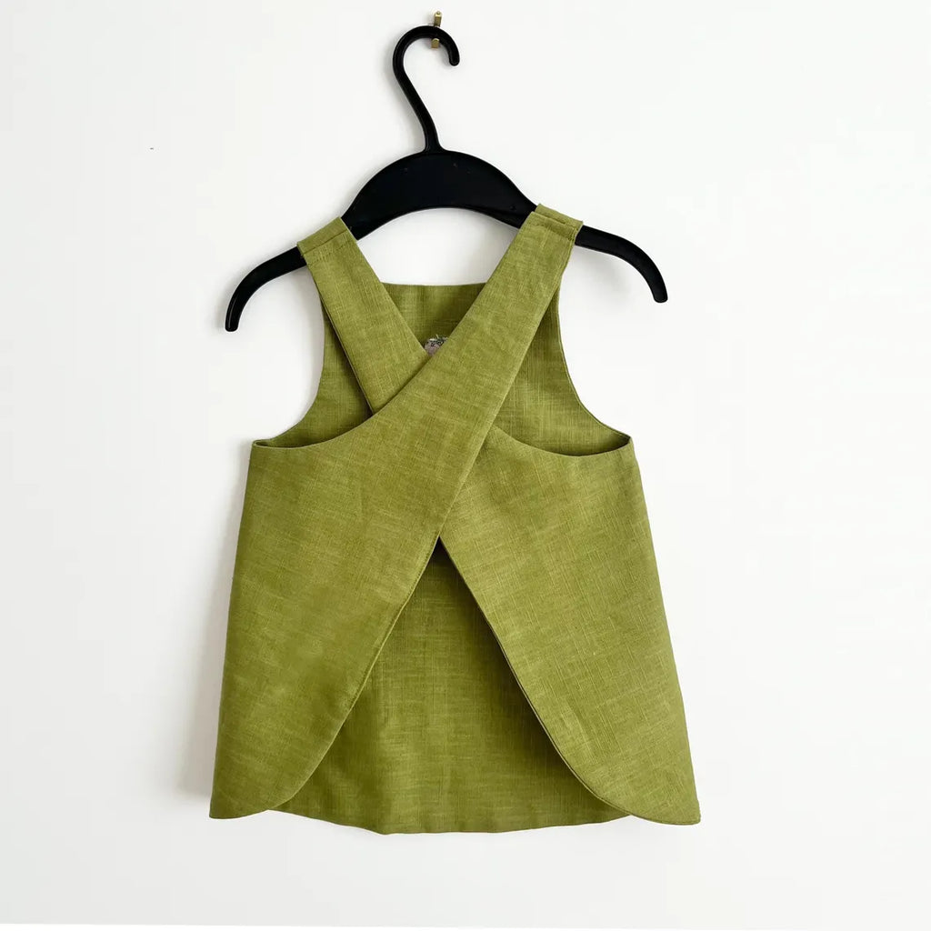 Moss Green Linen Pinafore Apron, Kids Japanese Style Apron