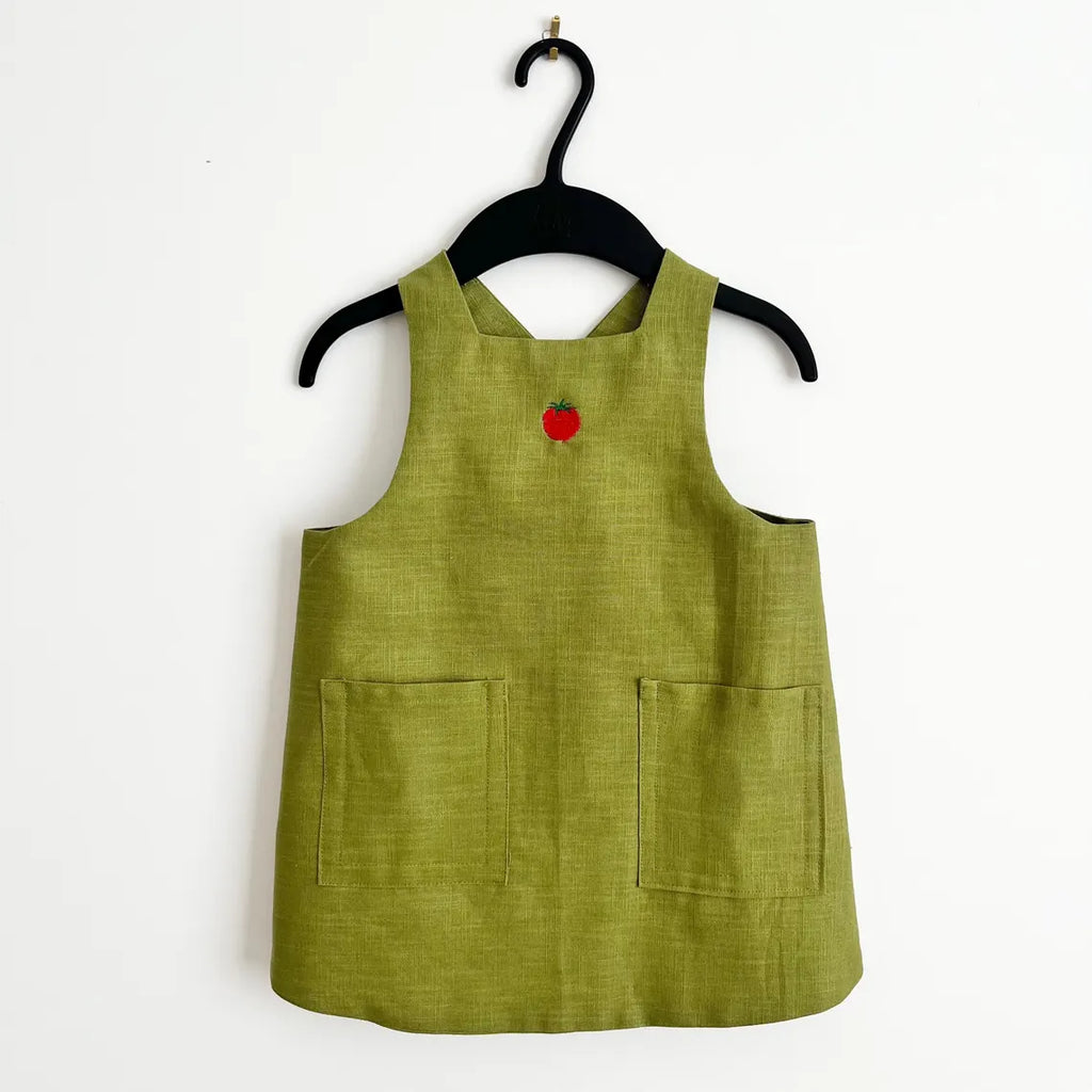 Moss Green Linen Pinafore Apron, Kids Japanese Style Apron