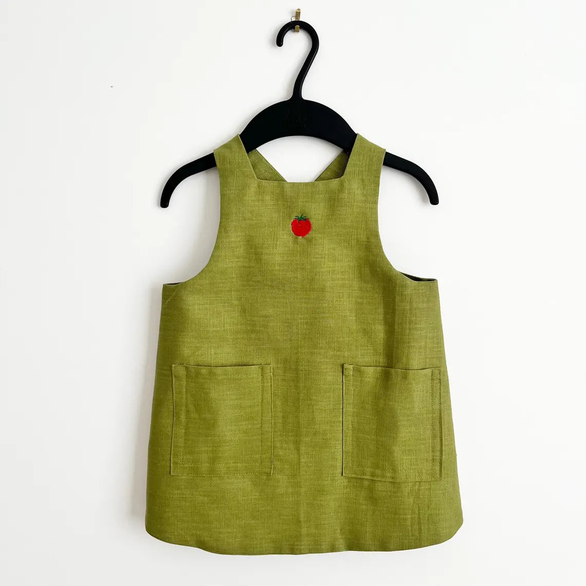 Moss Green Linen Pinafore Apron, Kids Japanese Style Apron