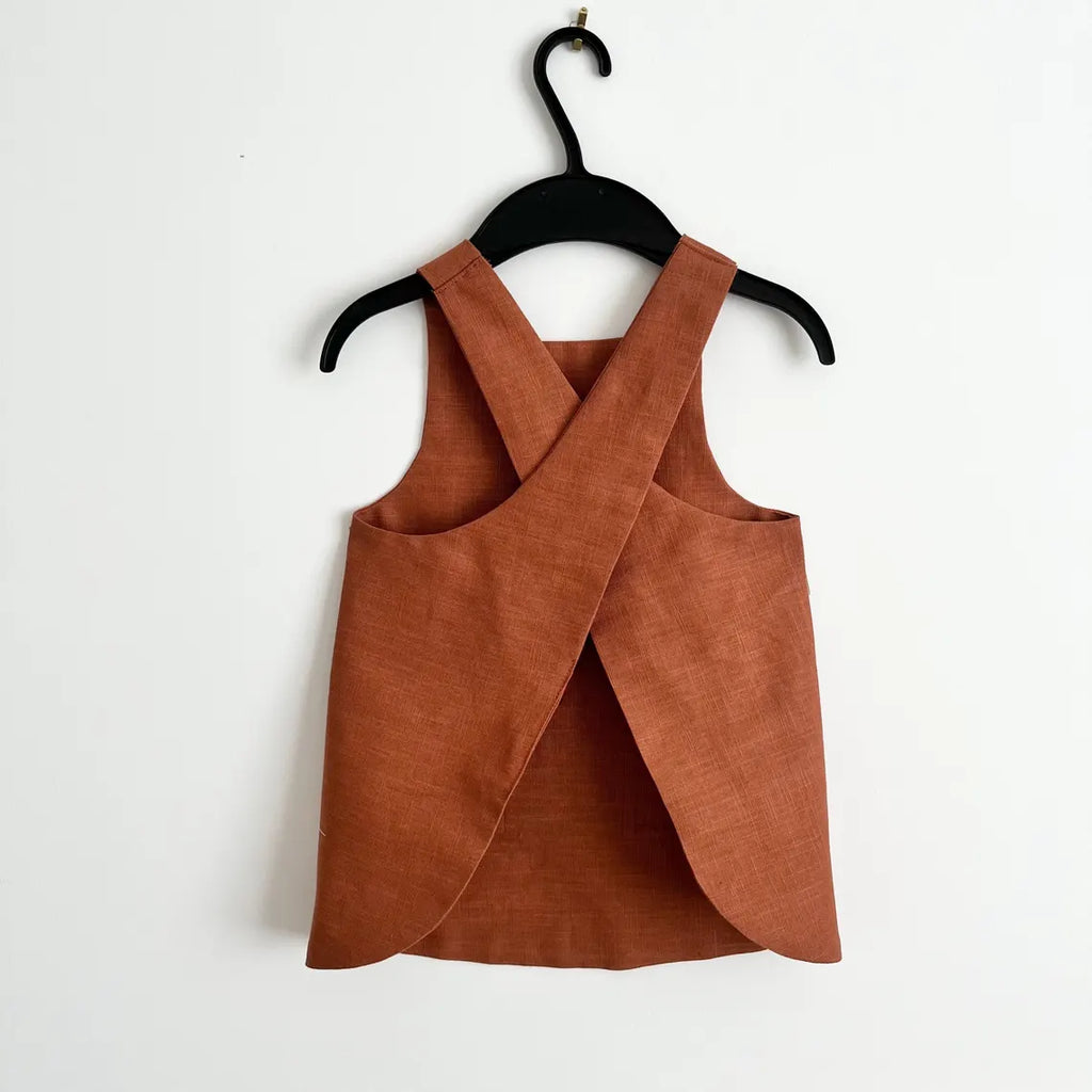 Rust Linen Pinafore Apron, Kids Japanese Style Apron